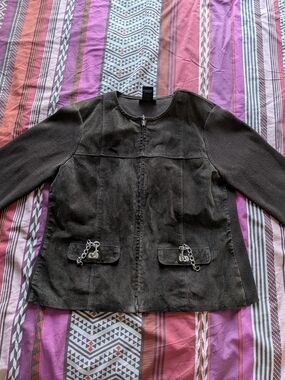 Women's Brown Suede & Knit Zip-Front Cardigan